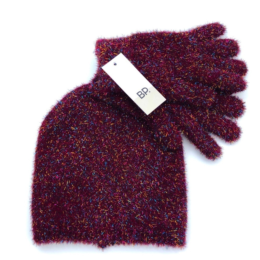 bp Nordstrom Wine Red Confetti Metallic Sparkle Faux Fur Gloves & Beanie Hat Set